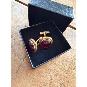 Vintage Gold-Plated Cufflinks With Red Cabochon Stones In Black Gift Box